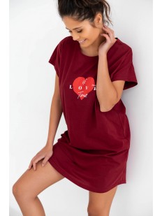 Бордовая ночная сорочка из хлопка с принтом сердце