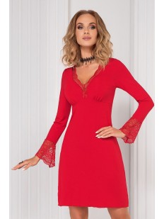 Женская красная ночная сорочка из вискозы с длинным кружевным рукавом
