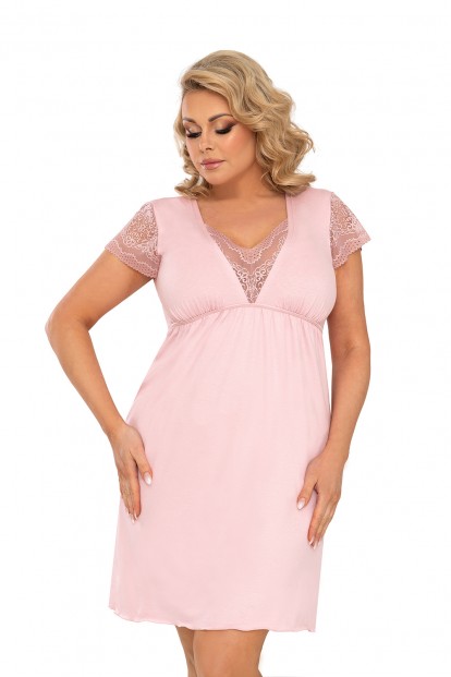 Розовая женская ночная сорочка с короткими кружевными рукавами и лифом Donna Celine plus nightdress - фото 1