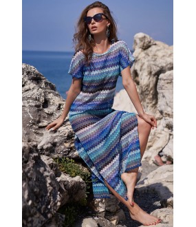 Длинная женская пляжная туника с коротким рукавом и синим принтом