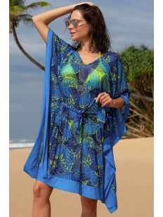 Пляжная туника синего цвета с растительным принтом