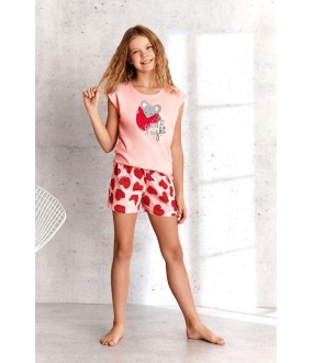 Летняя пижама для девочек с футболкой шортами в сердечко