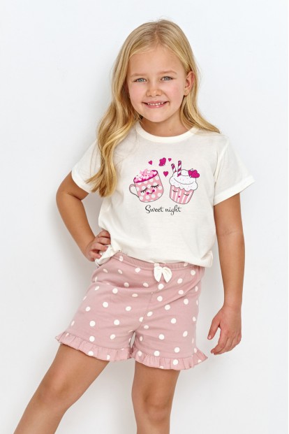 Хлопковая пижама для девочки с шортами в горошек и футболкой с принтом Taro 2905/2906 sky  - фото 1