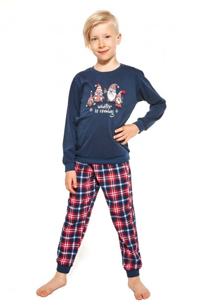 Детская пижама с клетчатыми брюками и однотонным лонгсливом Cornette 593/966 gnomes синяя - фото 1