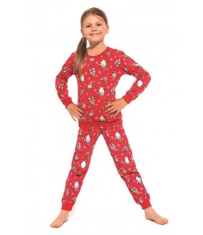 Красная брючная пижама для девочек с новогодним принтом