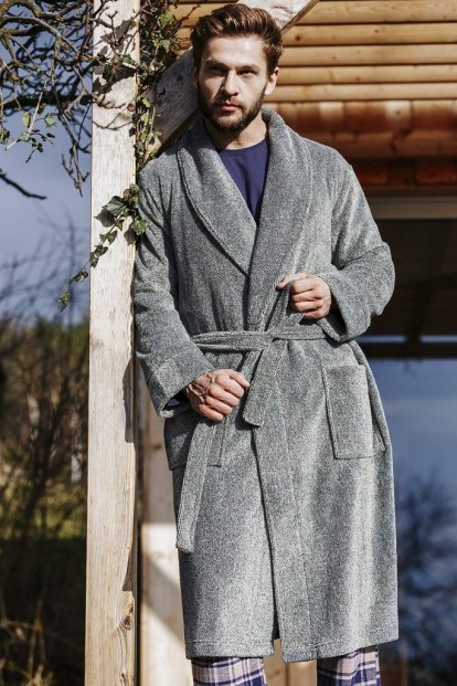 Мужской теплый серый халат с карманами KEY MGL 215 19/20 - фото 1