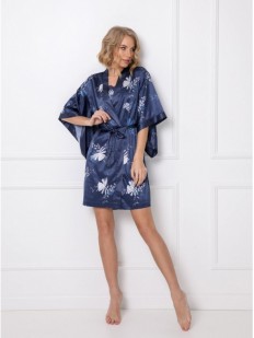 Атласный халат кимоно синего цвета с цветочным принтом