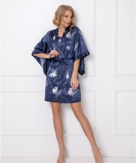 Атласный халат кимоно синего цвета с цветочным принтом