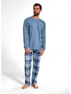 Голубая хлопковая мужская пижама с брюками в клетку и кофтой