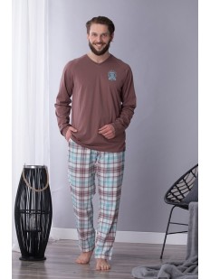 Хлопковая мужская пижама с фланелевыми брюками и кофтой в оттенке какао