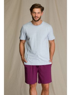 Мужская летняя пижама с фиолетовыми шортами и принтом якорей на футболке
