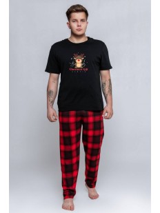 Мужская хлопковая пижама: клетчатые штаны и черная футболка с рождественским оленем