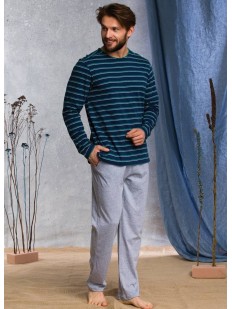 Мужская хлопковая пижама с кофтой в полоску и серыми брюками