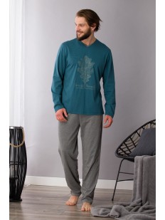 Хлопковая мужская пижама: серые брюки и кофта цвета морской волны с принтом