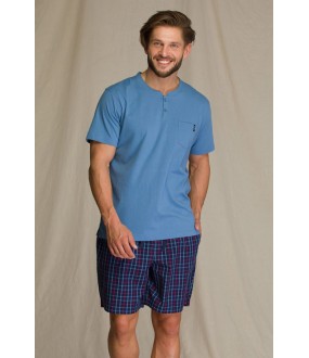 Хлопковая летняя мужская пижама с шортами в клетку и футболкой на пуговицах