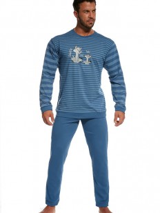 Хлопковая мужская синяя пижама с брюками и кофтой в полоску