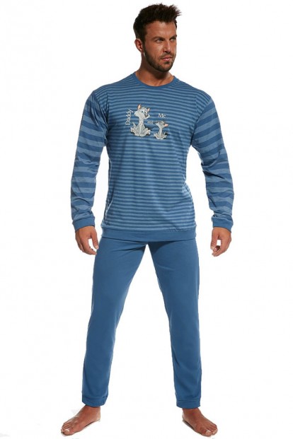 Хлопковая мужская синяя пижама с брюками и кофтой в полоску Cornette 115 - фото 1