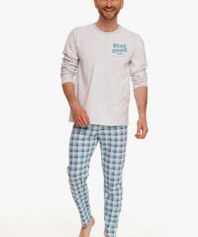 Хлопковая мужская пижама с клетчатыми брюками и лонгсливом