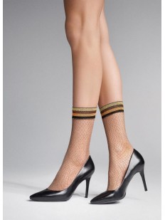 Капроновые женские носки в блестящую сетку и высокой резинкой в полоску
