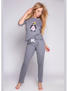 Серая женская пижама с рисунком пингвин и звездочками на штанах