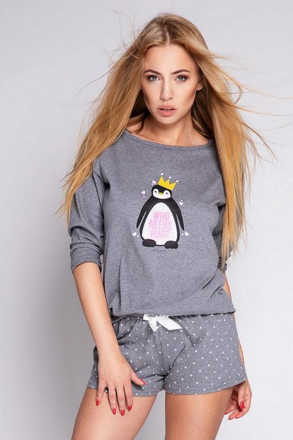 Серая женская пижама с шортами и принтом пингвин Sensis GOLDEN - фото 1