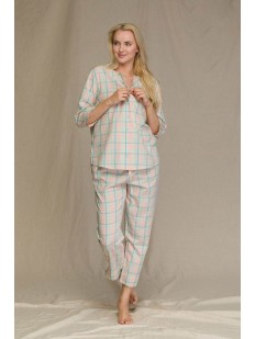 Женская бежевая пижама с брюками и рубашкой в клетку