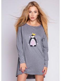 Хлопковая ночная сорочка серого цвета с длинным рукавом и принтом пингвин