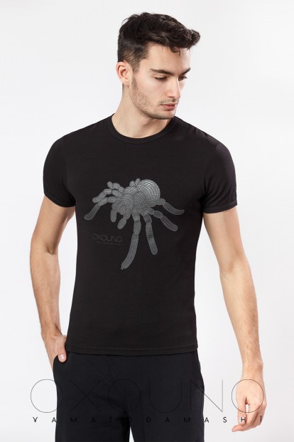 Мужская облегающая хлопковая футболка с овальным вырезом и принтом паук Oxouno 0062-118 kulir - фото 1