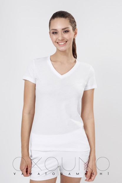 Женская белая хлопковая футболка с V-вырезом Oxouno 0566 kulir - фото 1