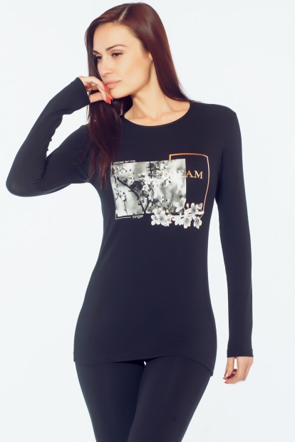 Женская хлопковая футболка лонгслив с блестящим принтом JADEA 4071 maglia m/l - фото 1