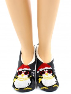 Короткие женски теплые носки тапочки с пингвинами и мехом внутри