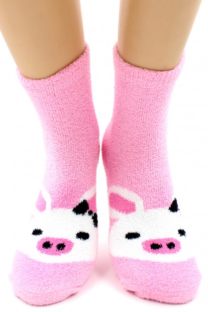 Махровые женские высокие розовые носки с поросятами HOBBY LINE 2259-08 - фото 1