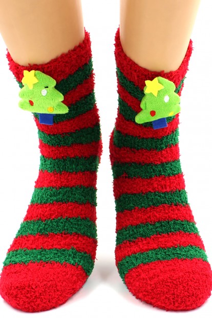 Махровые высокие женские новогодние носки в полоску и с елочкой HOBBY LINE 044-1 - фото 1