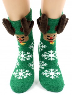 Теплые женские новогодние носки с оленем и объемной аппликацией