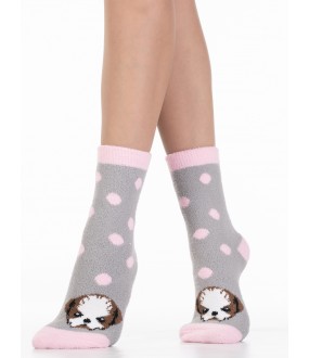 Махровые женские носки в розовый горошек с собачками