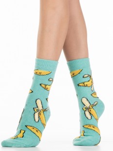Теплые высокие голубые женские носки с принтом бананов