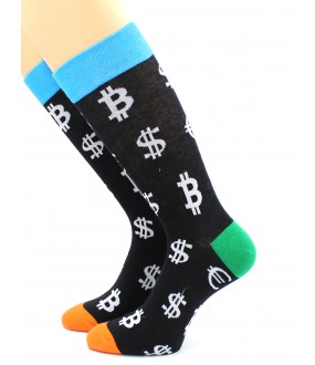 Разноцвентные носки с символами валюты - доллар, евро, биткоин