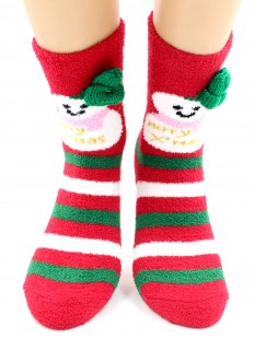 Махровые женские новогодние носки в полоску со снеговиком