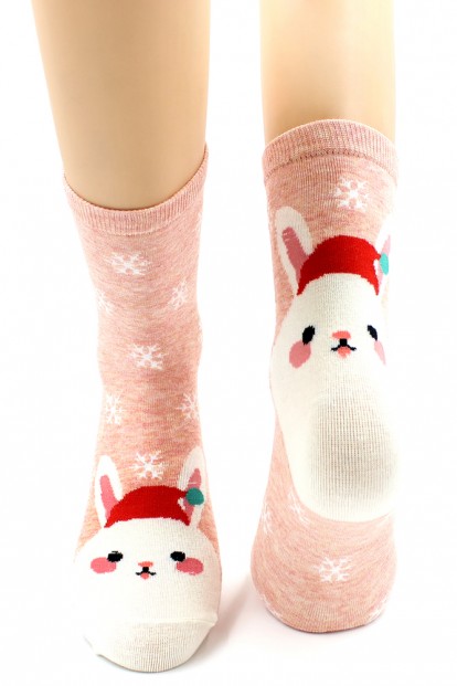 Женские хлопковые новогодние носки с зайчиками HOBBY LINE 460 - фото 1