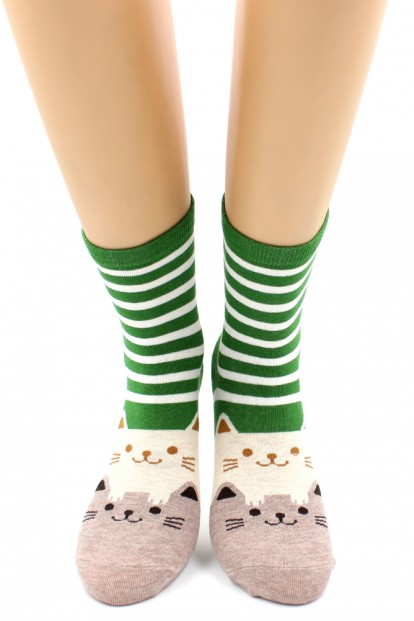Модные высокие хлопковые женские носки в полоску и с котиками HOBBY LINE 410-1 - фото 1