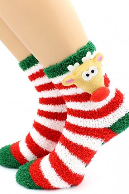 Детские высокие махровые новогодние носки в полоску с оленями HOBBY LINE 3307 - фото 1