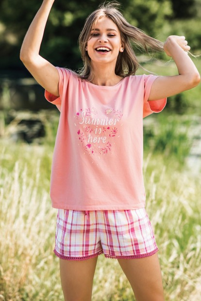 Женская хлопковая летняя пижама с шортами в клетку KEY LNS 498 - фото 1