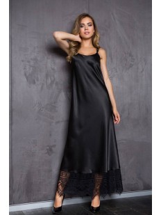 Длинная атласная черная женская сорочка платье с кружевной отделкой